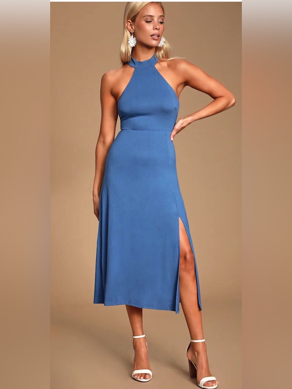 Lulus NWT Blue Halter Side Slit Midi Maxi Dress Size Small